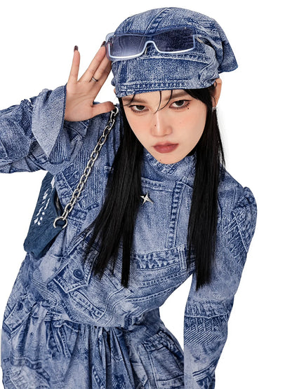 Denim Print Irregular Wide Shoulder High Neck Dress