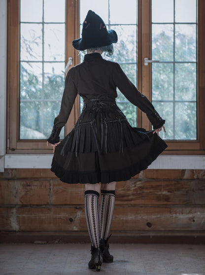 Steam Continental Ruffle Black Coffee Pinstripe Shirt Dress