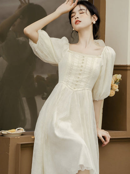 French Square Neck Lantern Sleeve Dress