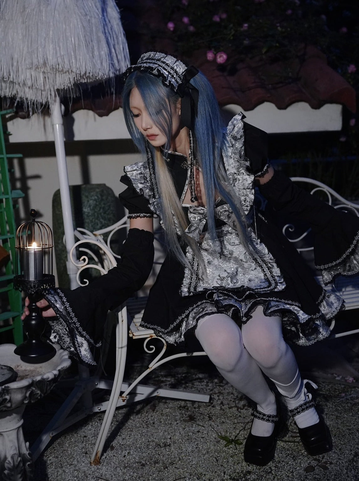 Silver Dragon Maid Gothic Dress + Apron + Arm Cover