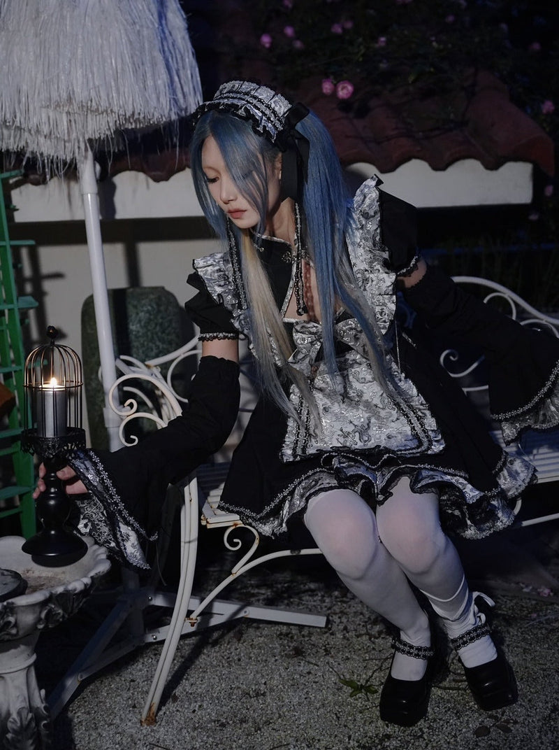 Silver Dragon Maid Gothic Dress + Apron + Arm Cover