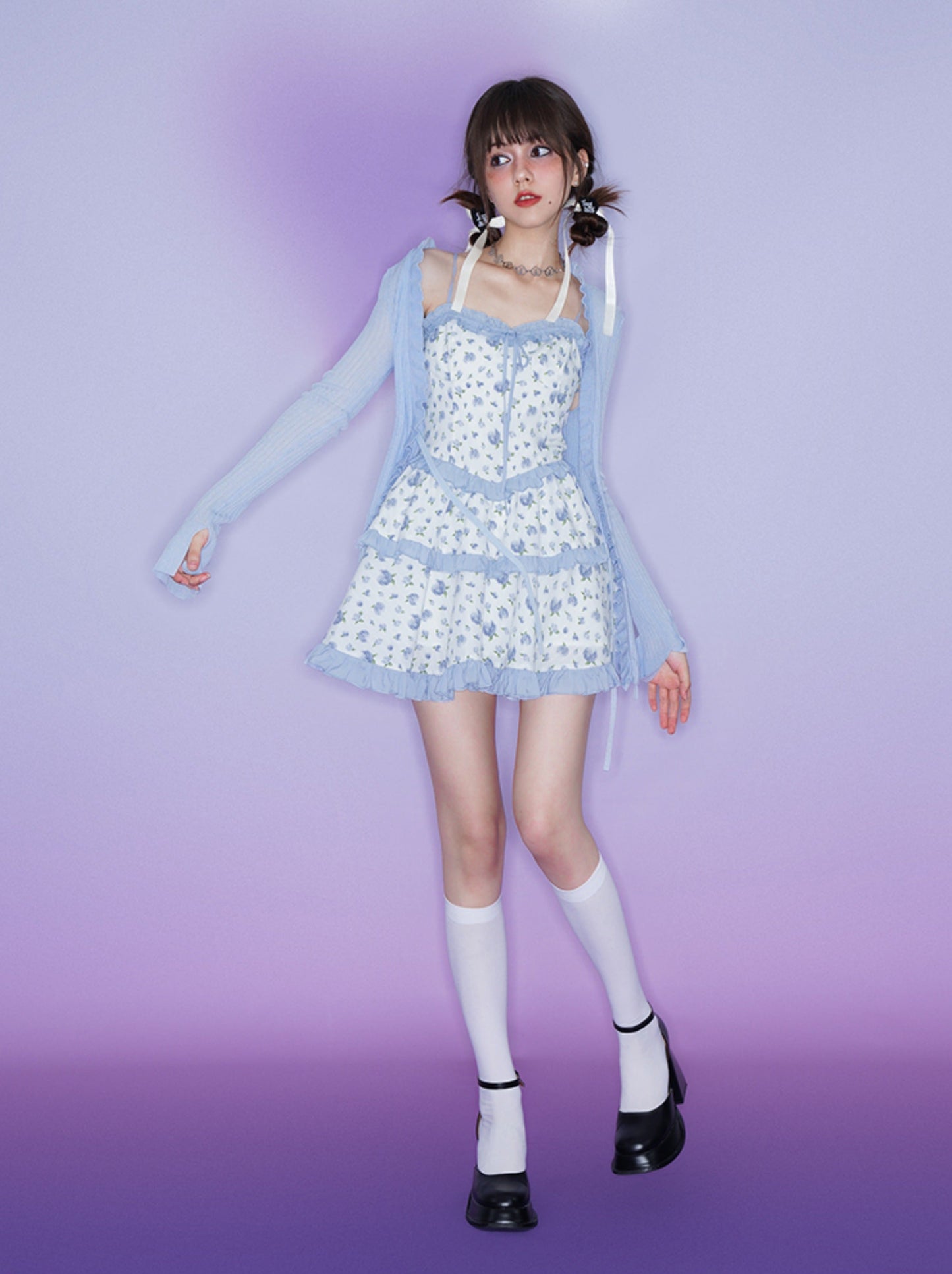 Pure Desire Blue Rose Tiered Suspender Dress + Short Pants