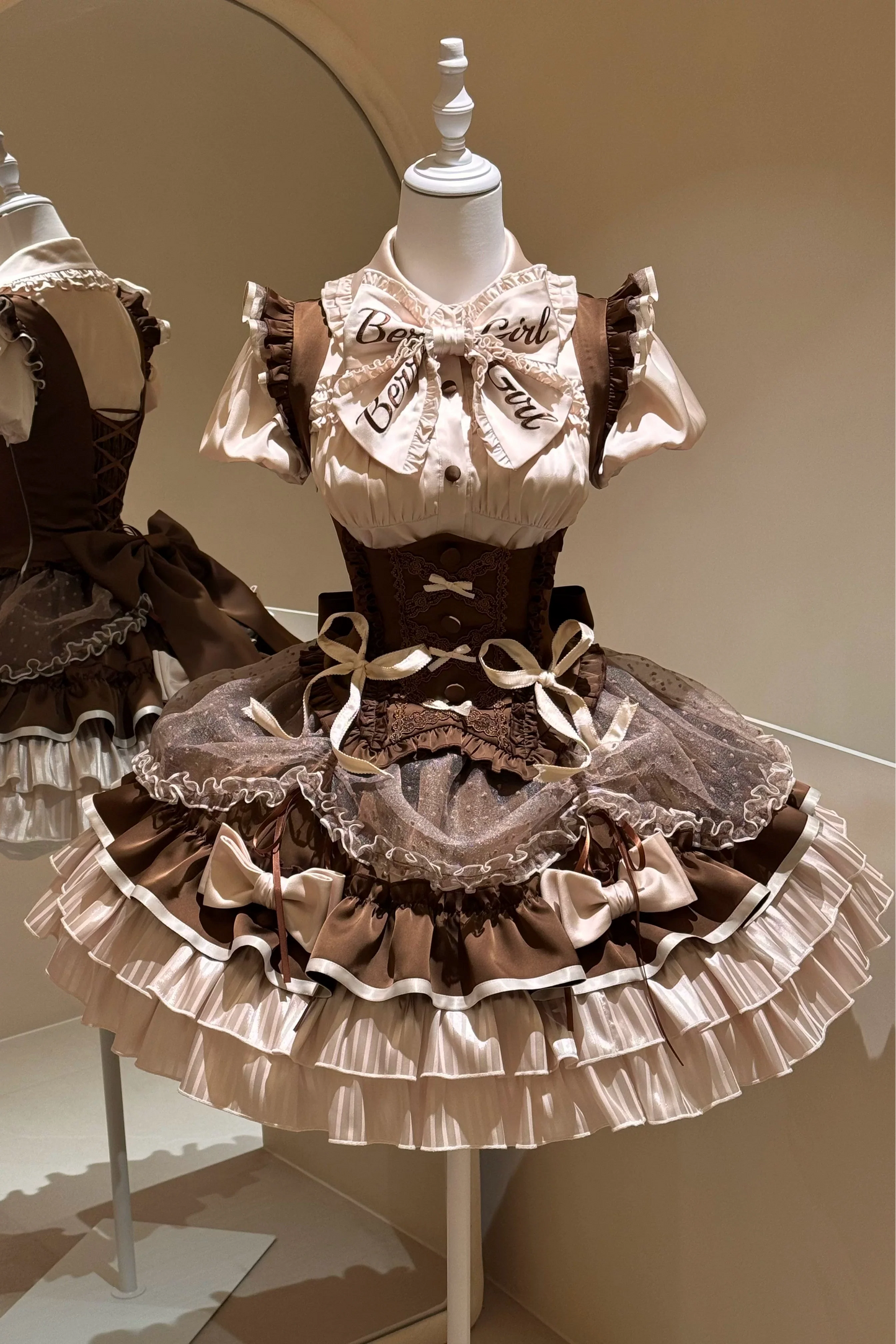 [order Deadline: May 12] Café Mocha Lolita Idol Ribbon Puff Sleeve Shirt + Corset Tulle Pull-up Jks Dress Set
