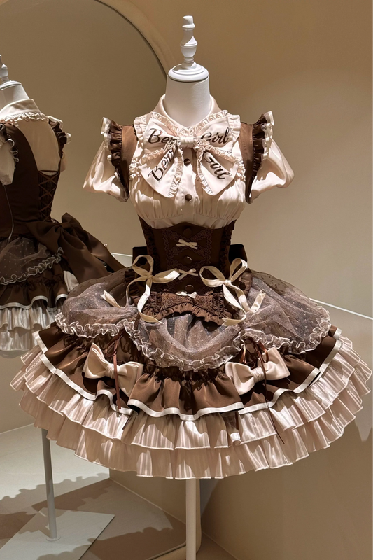 [order Deadline: May 12] Café Mocha Lolita Idol Ribbon Puff Sleeve Shirt + Corset Tulle Pull-up Jks Dress Set