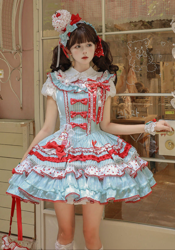 [pre-order Deadline: April 3] Twin Tiered Lolita Dot Ribbon Striped Dress + Flower Bud Skirt Dress