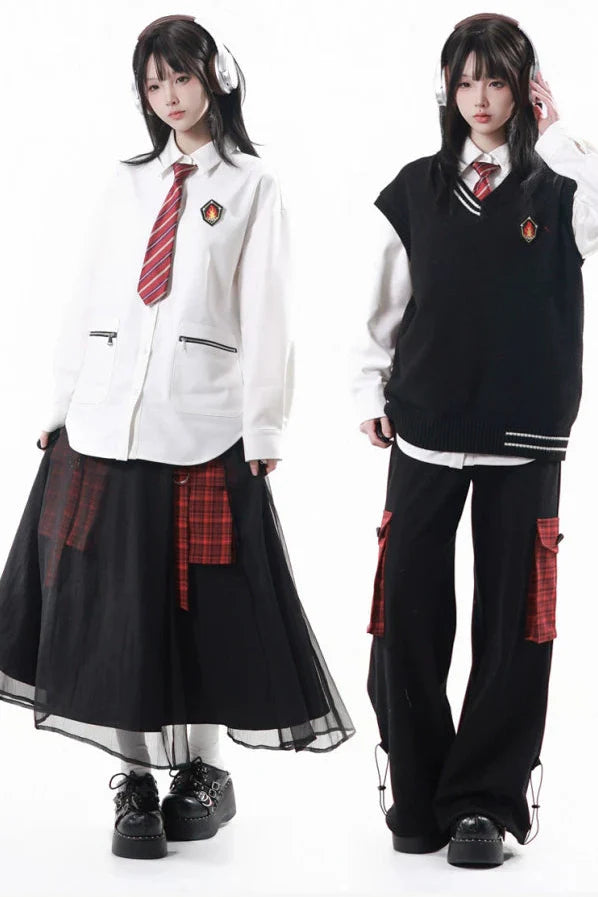 College Knit Vest + Shirt + Long Skirt + Pants + Tie