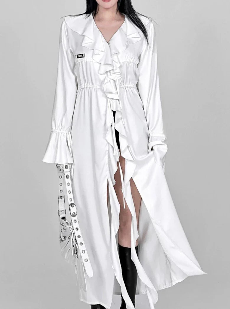 Ruffle Lace Drawstring Waist Shirt Extra Long Jacket