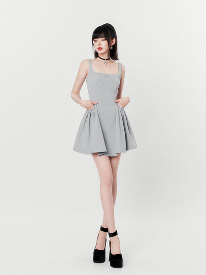 Hot Girl Black & Gray Square Neck French High End Suspender Dress