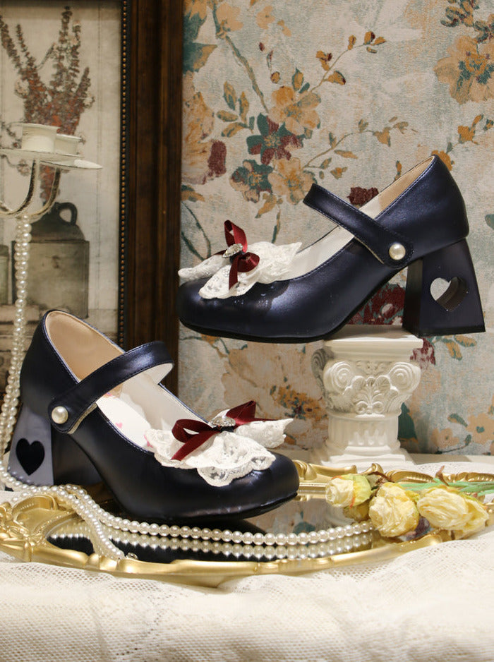 Lolita French Lace Ribbon Square Toe Love Heel Shoes
