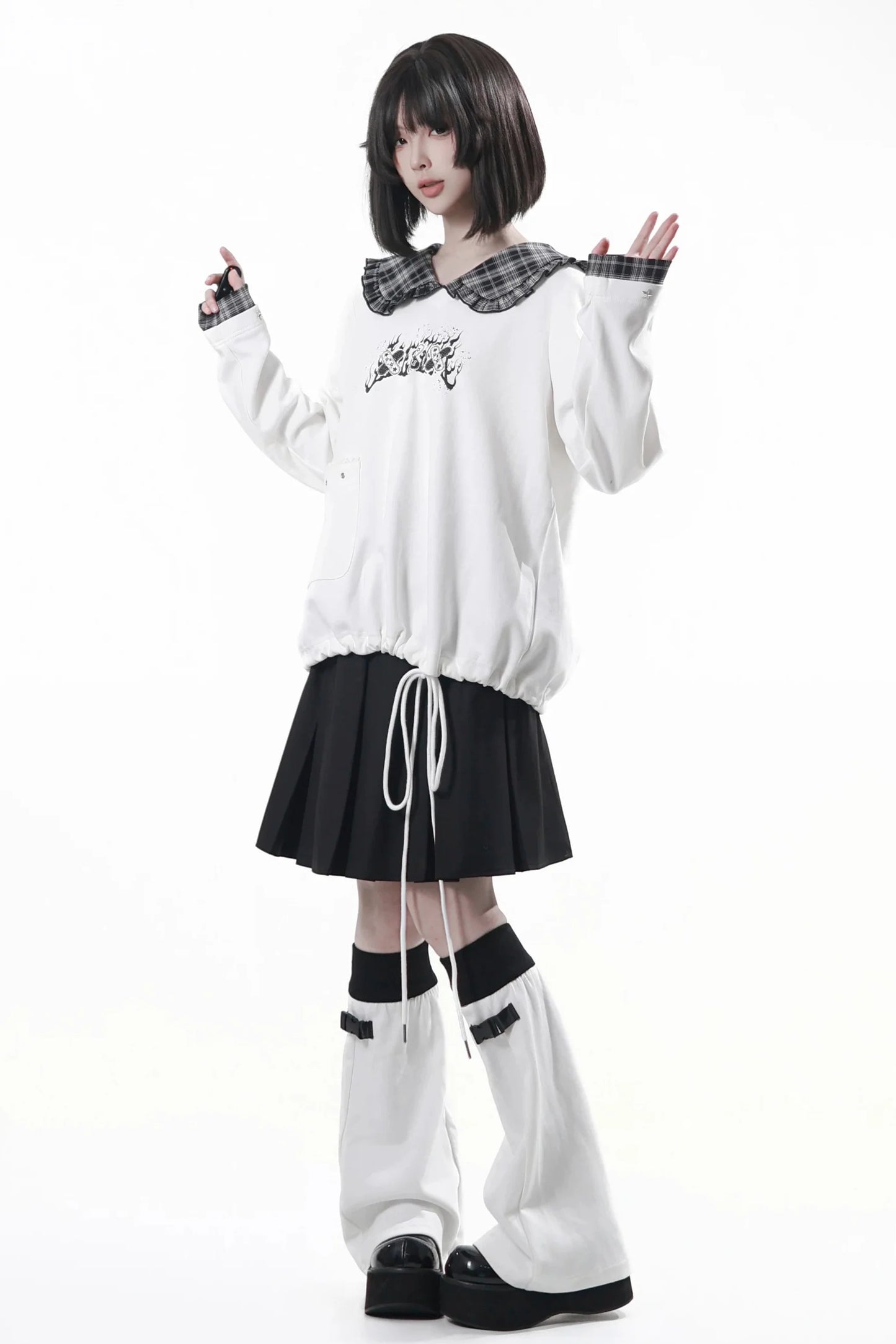 Lapel Checkered Collar Top + Skirt + Pants + Leg Warmers