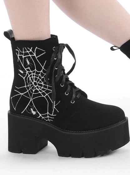 Spider Design Matte Black Short Boots