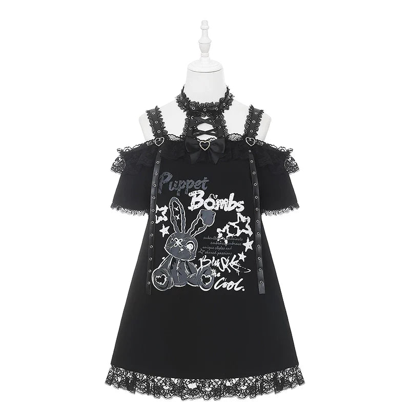 Lace-up Dark Kawaii T-shirt + Skirt + Bag + Hair Accessories