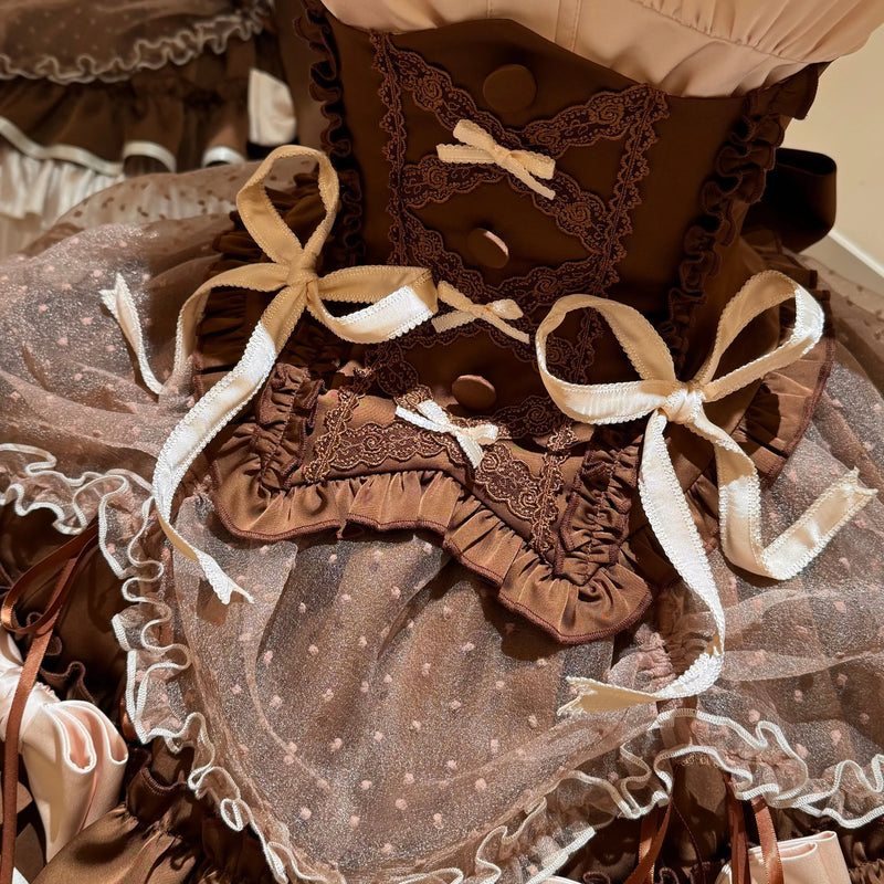 [order Deadline: May 12] Café Mocha Lolita Idol Ribbon Puff Sleeve Shirt + Corset Tulle Pull-up Jks Dress Set