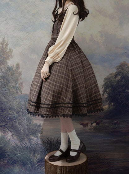 Forest Brown Plaid Belt V Neck Dress