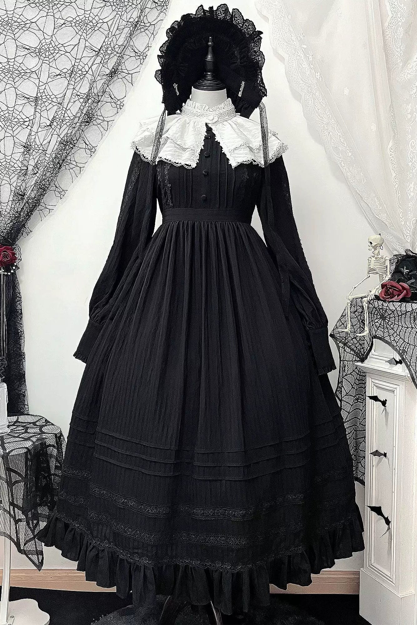 Dark Gothic Long Dress + Lace Collar
