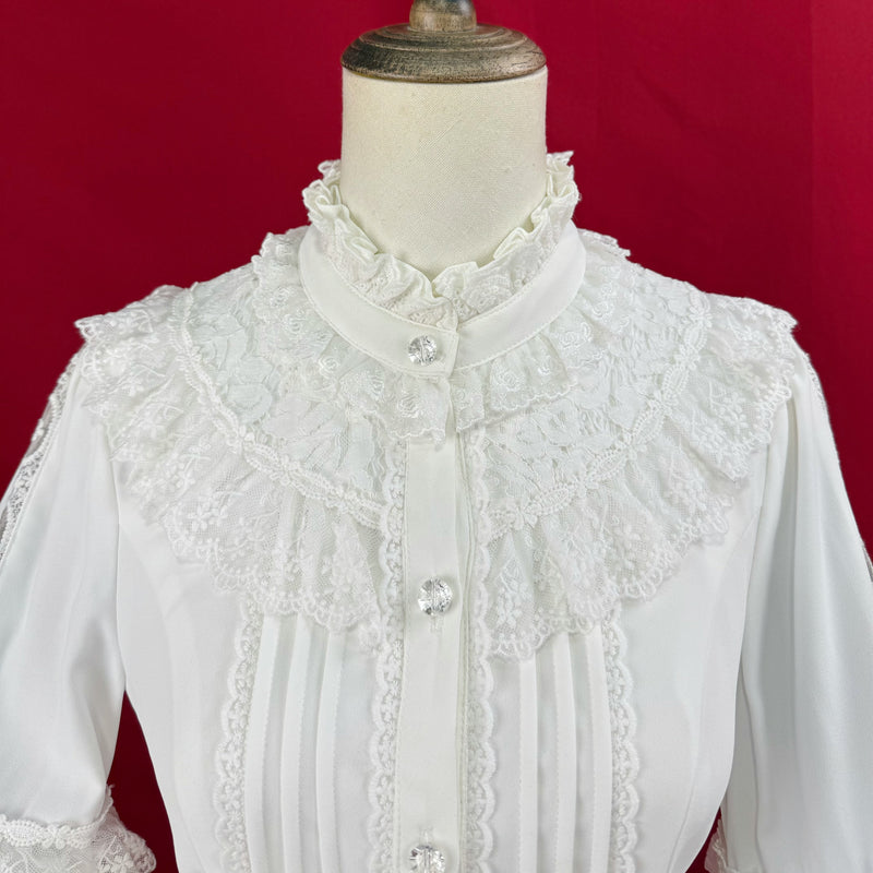 [pre-order] Ruffled Stand Collar Lace Princess Sleeve Classic Ribbon Blouse