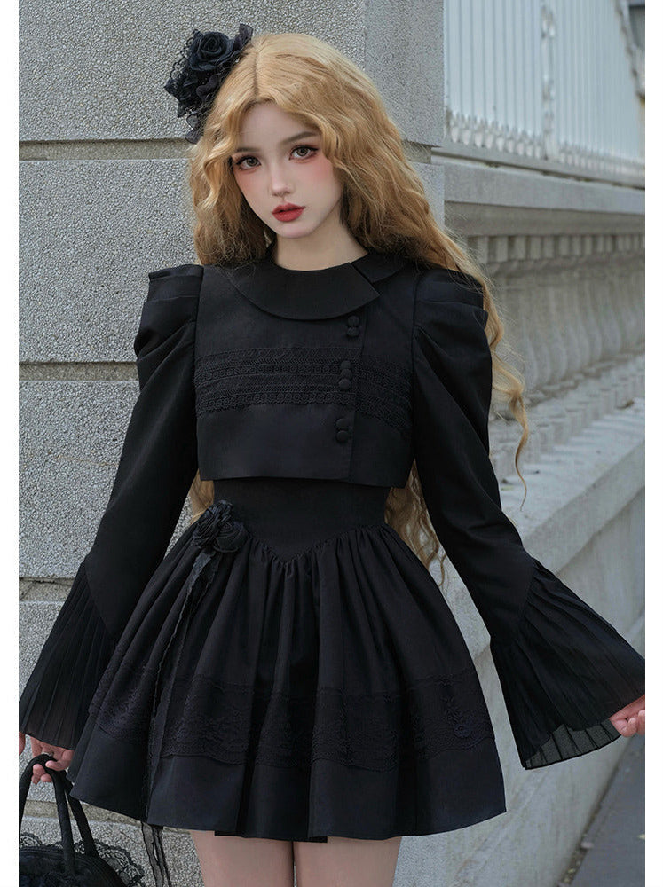 Night Traveler Classic Black Gothic Lace Jacket Dress + Ruffle White Blouse and Black Dress