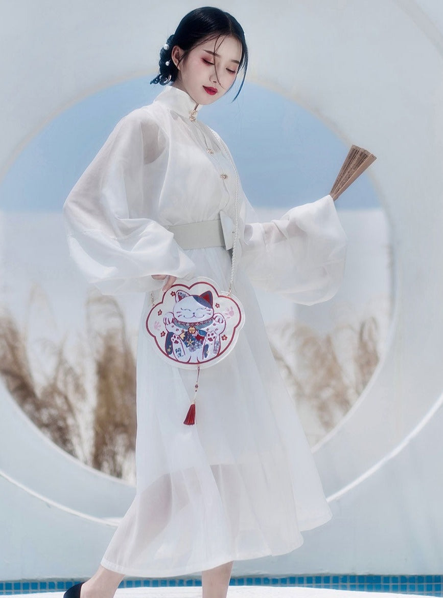 Waist Belt Sheer Stand Collar Puff Sleeve Dress
