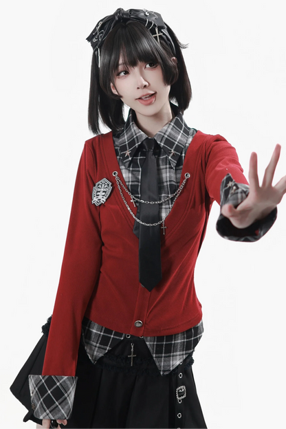 Checkered Top + Skirt + Tie