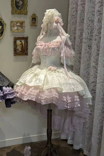 [pre-order Deadline: April 28] Pink X White Gothic Lolita Corset Layered Jsk Dress + Off-shoulder Lace Puff Top