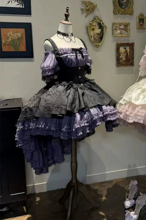 [pre-order Deadline: April 28] Purple X Black Gothic Lolita Corset Layered Jsk Dress + Off-shoulder Lace Puff Top