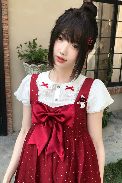 Ribbon Collar Top + Polka Dot Suspender Skirt