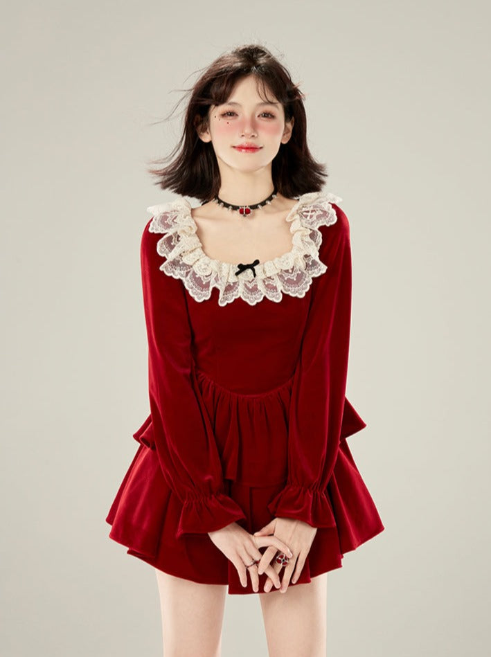 Red Lace Collar Velvet Dress