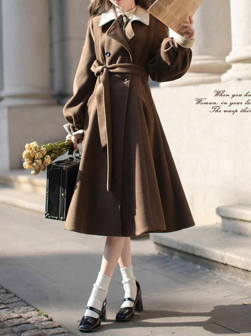 Retro Brown Plaid Volume Sleeveless Layered Dress + Pearl Ribbon Accessory + Classic Belt Coat [pre-order]