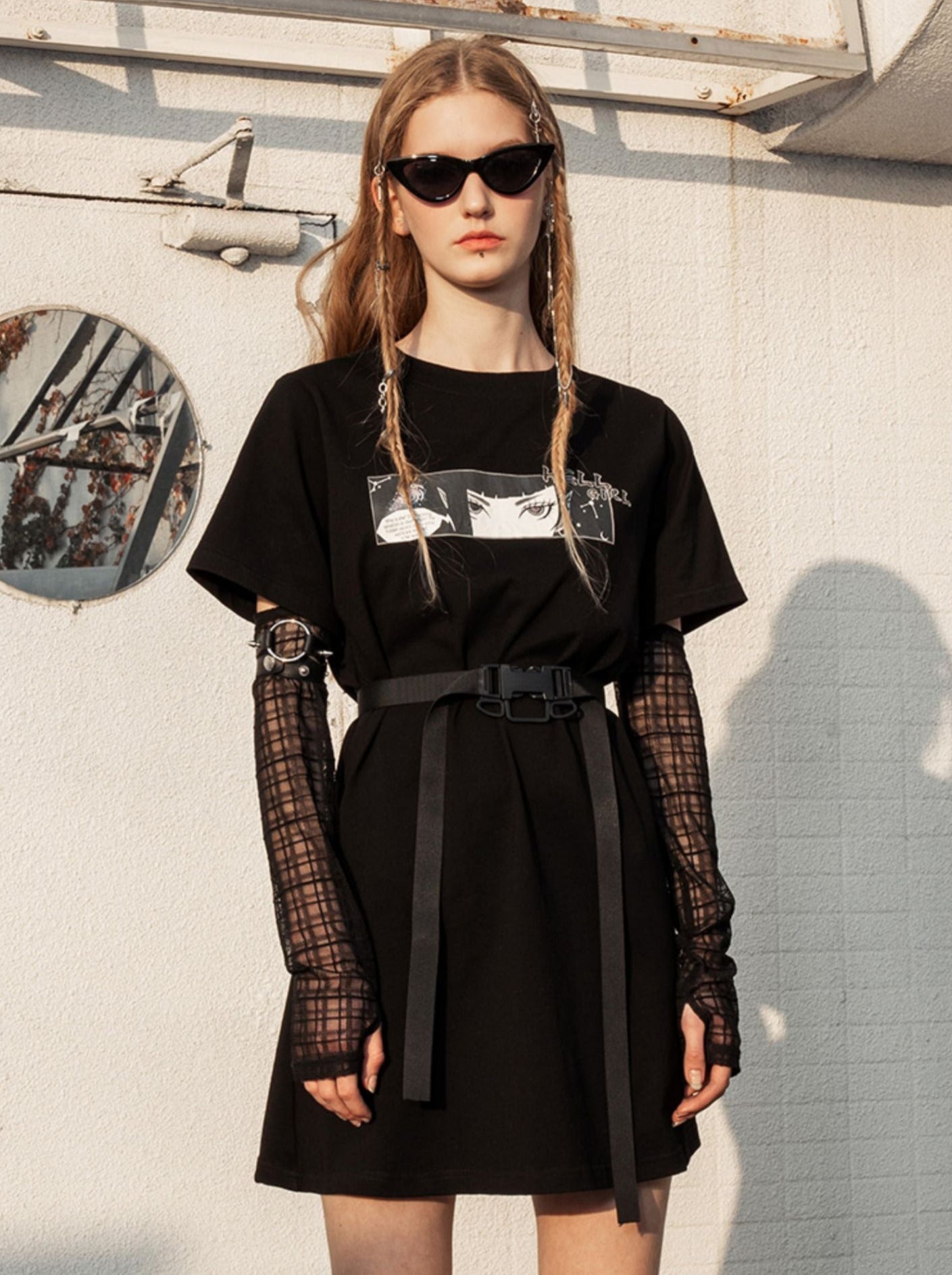 Sheer Long Sleeve Buckle Belt Dress-t