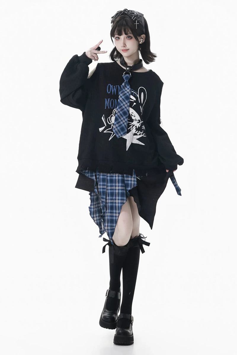 Off-shoulder Sweatshirt Top + Asymmetric Skirt + Long Pants