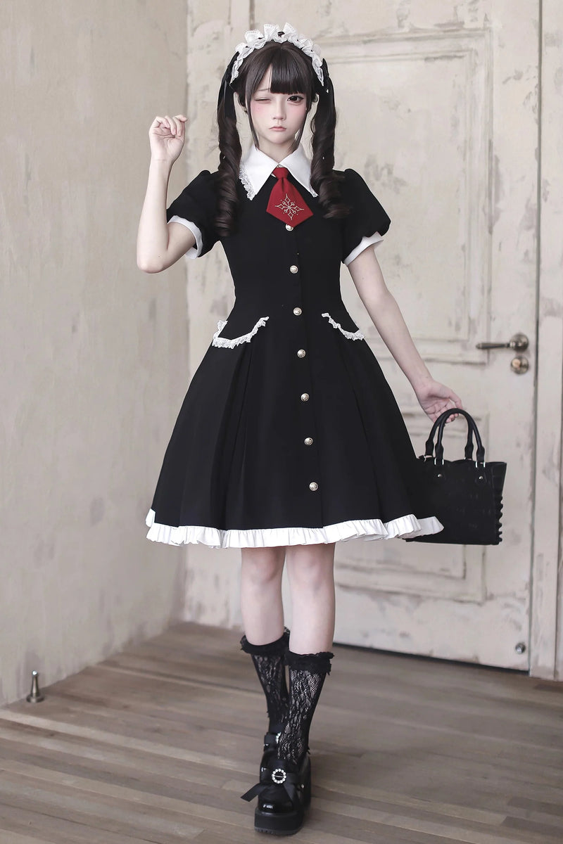 [pre-order Deadline: April 29] Black X White Gothic Lace Red Tie Collar Lolita Dress Type A/b