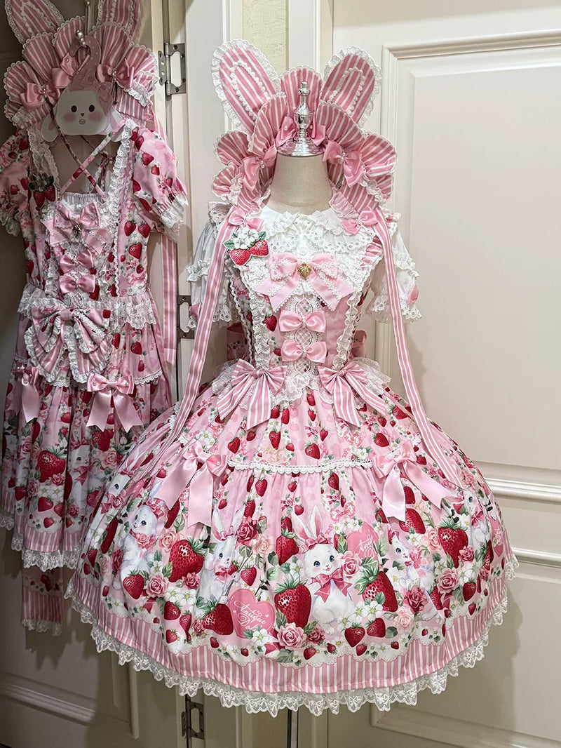[pre-order Deadline: April 29] Strawberry Rabbit Ear Ribbon Shirt + Ruffled Shoulder Lace Ribbon Jk School Uniform Dress + Full Set/complete Set