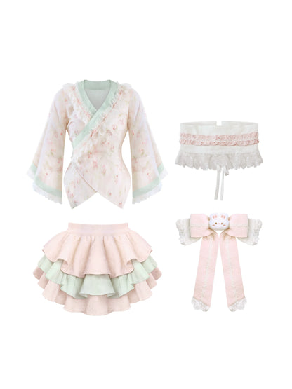 Japanese Design Top + Tiered Skirt + Ribbon Belt