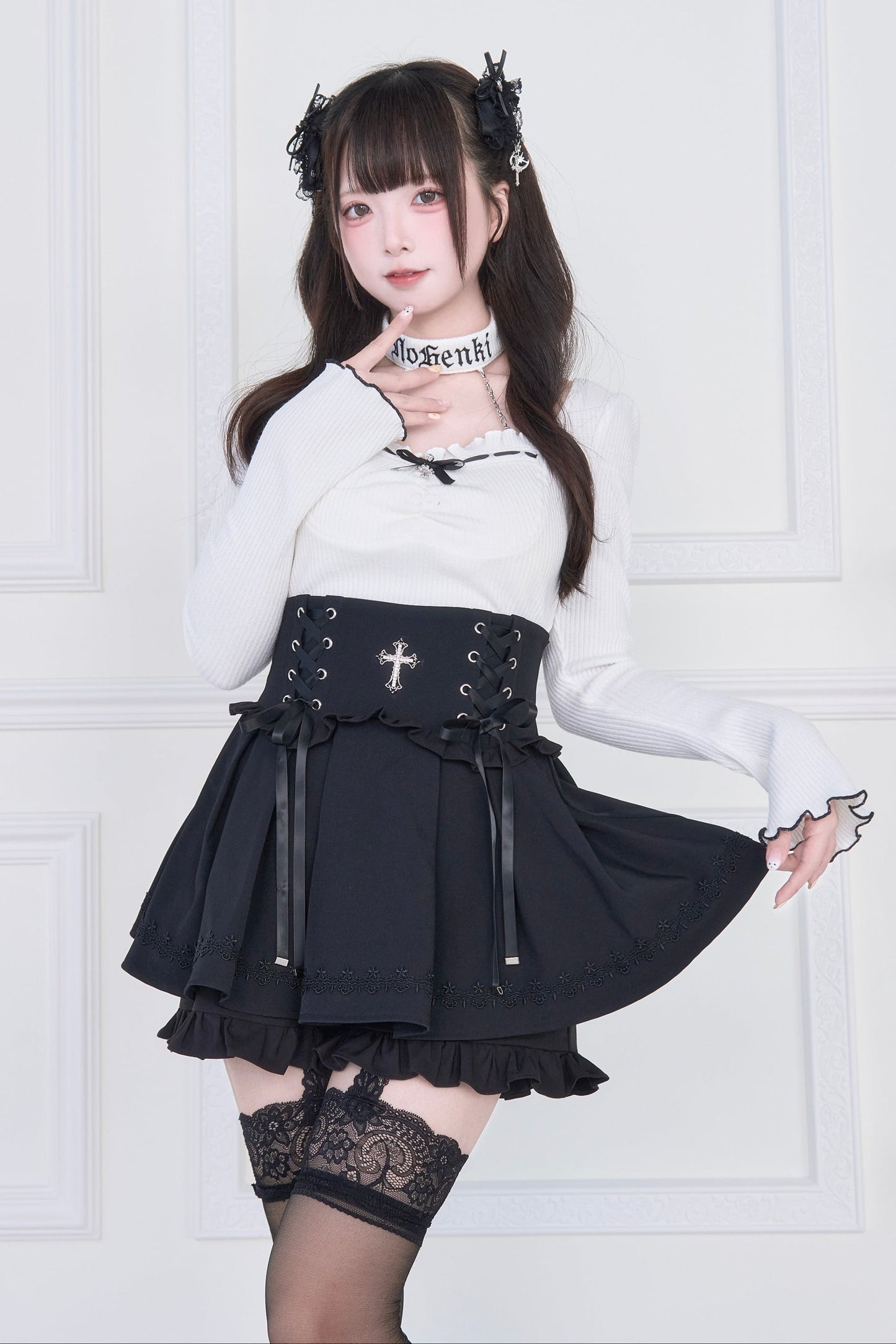 [pre-order] Choker Neck Square Ruffle Knit Top + Gothic Cross Lace Up Skirt