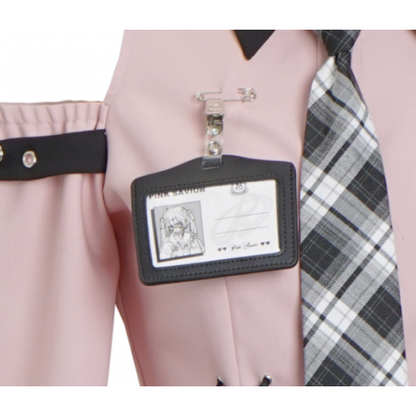 Off Shoulder Shirt + Plaid Skirt + Badge