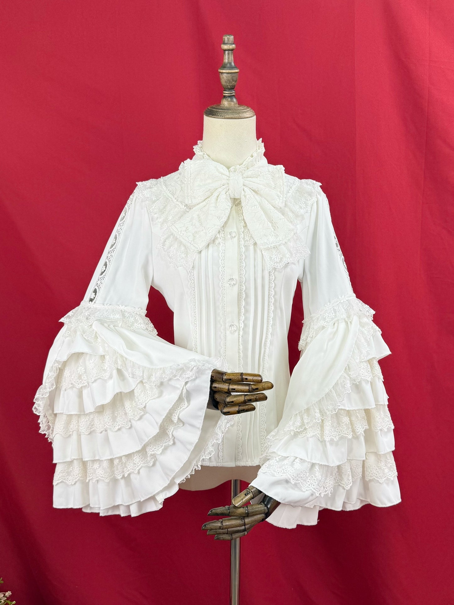 [pre-order] Ruffled Stand Collar Lace Princess Sleeve Classic Ribbon Blouse