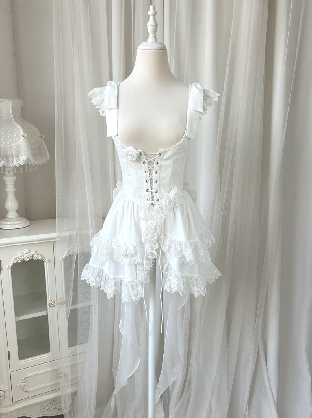 Lolita Wedding Rose Lace-up Tiered Bustier & Suspender Dress Set