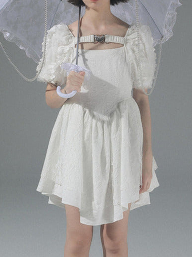 Pure Desire Metal Heart Volume Puff Sleeve Dress