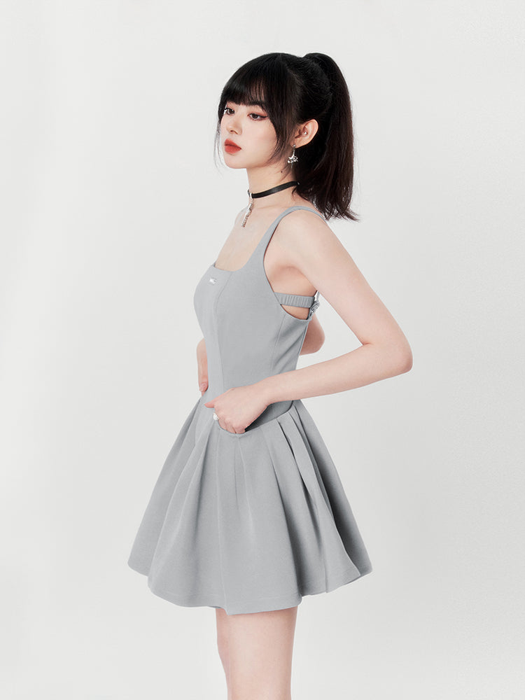 Hot Girl Black & Gray Square Neck French High End Suspender Dress