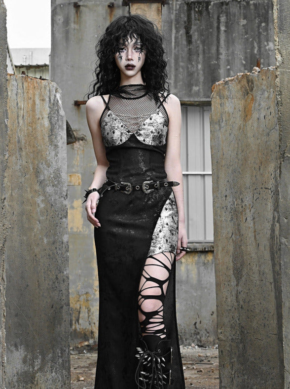 Punk Black Silver Mesh Sheer Slit Hooded Dress Suit