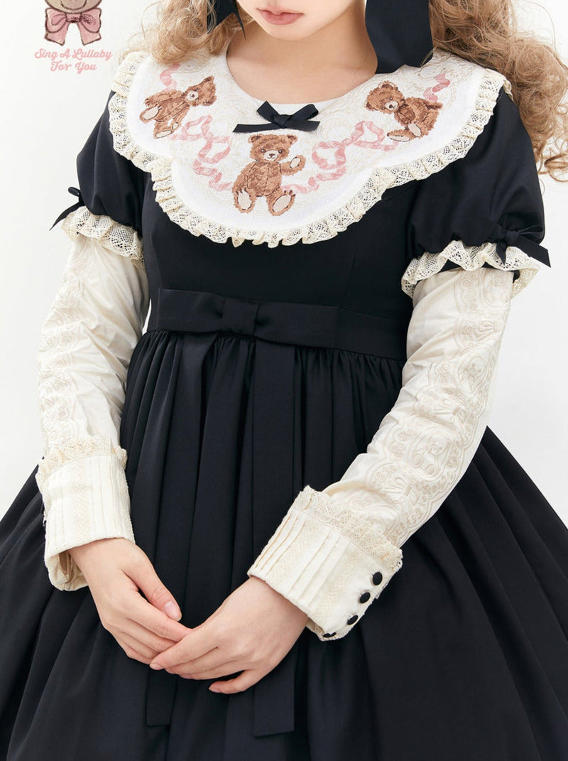 [pre-order] Lolita Teddy Bear Flap Lace Puff Sleeve Ribbon Dress