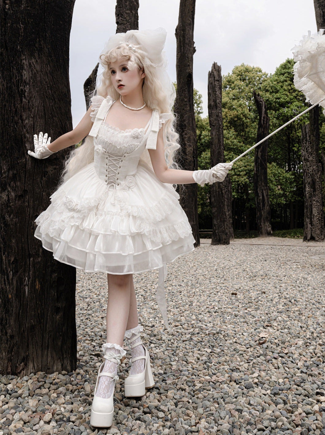 Lolita Wedding Rose Lace-up Tiered Bustier & Suspender Dress Set