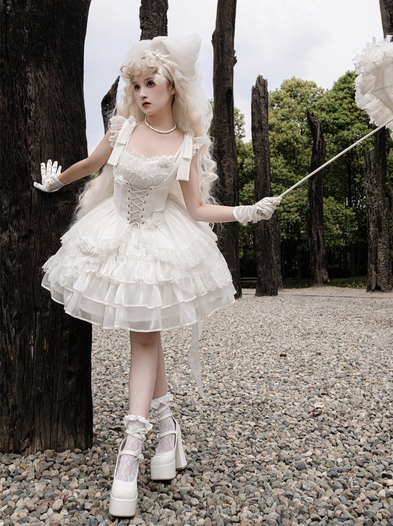 Lolita Wedding Rose Lace-up Tiered Bustier & Suspender Dress Set