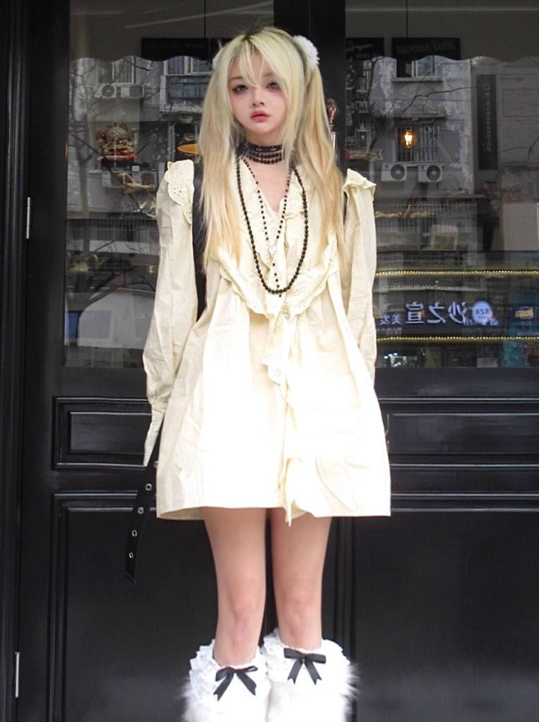 Subculture Lace V Neck Ruffle Doll Shirt Dress