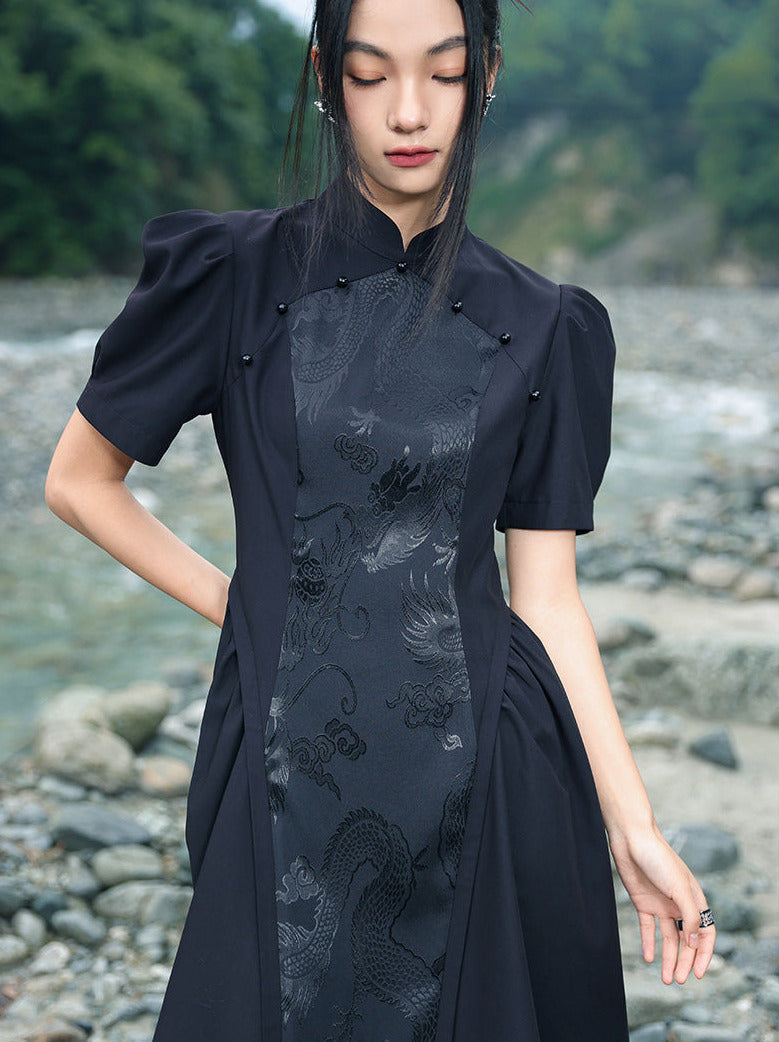 Jacquard Retro Puff Sleeve Chinese-style Dress