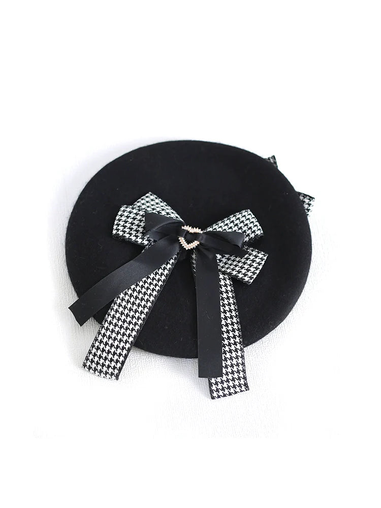 Houndstooth Ribbon Beret