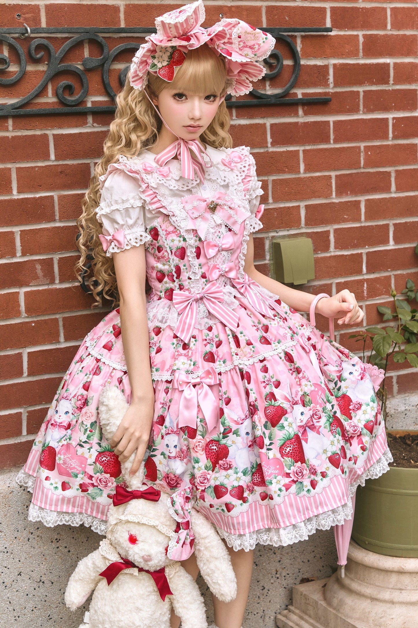 [pre-order Deadline: April 29] Strawberry Rabbit Ear Ribbon Shirt + Ruffled Shoulder Lace Ribbon Jk School Uniform Dress + Full Set/complete Set