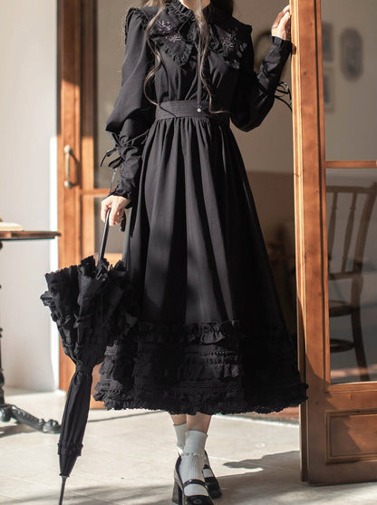 Retro French Leg-of-mutton Dark Dress + Belt