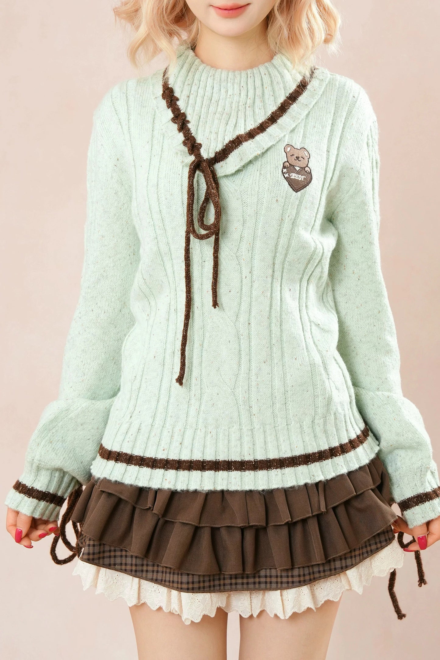 Mint Bear Knit Top + Tiered Skirt