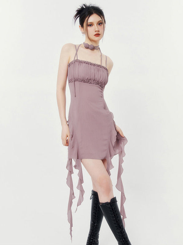 Double Streamer Rose Ruffle Cami Dress